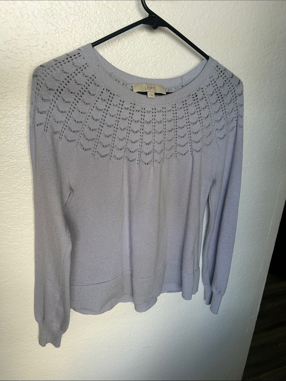LOFT Light Lavender Openwork Yoke Crew Neck Sweater
